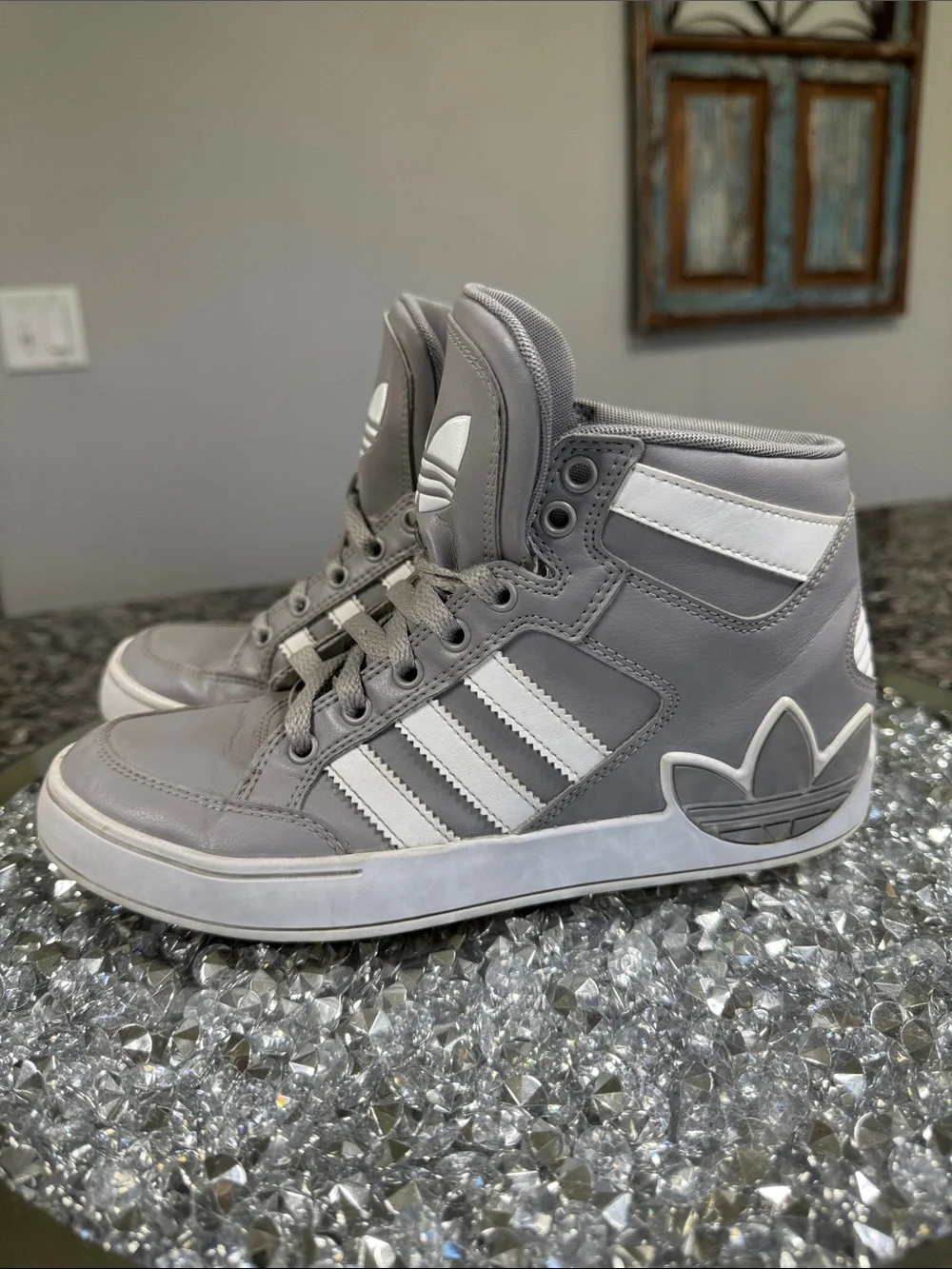 adidas Gray and White high Top Sneakers with Trefoil Logo EUC